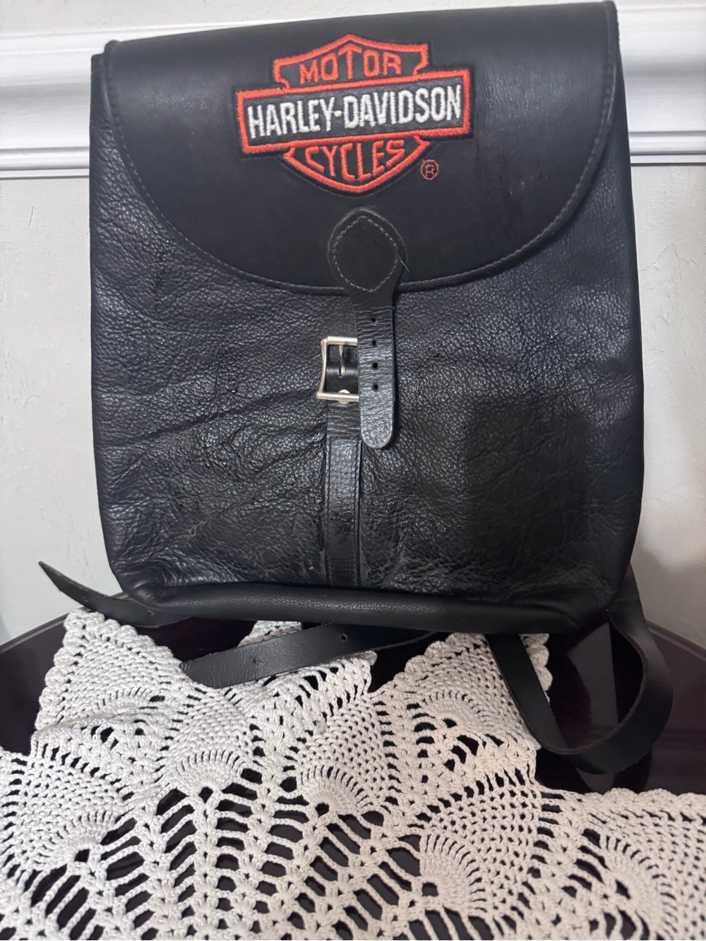 Harley-Davidson Black Leather Backpack with Orange Logo Patch